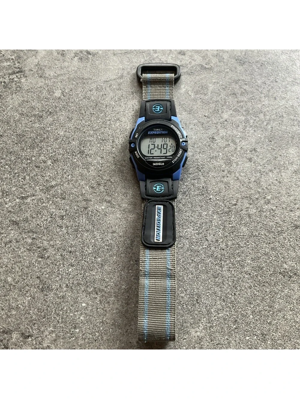 Timex Expedition Watch Women T49660 Indiglo 34mm Blue & Gray Nylon Strap A9